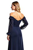 Off The Shoulder A Line Long Sleeve Navy Mother of the Bride Dress