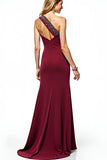 Burgundy Mermaid One Shoulder Beaded Long Formal Dress