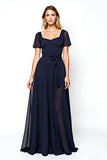 Navy A Line Chiffon Short Sleeve Formal Dress With Belt