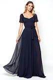 Navy A Line Chiffon Short Sleeve Formal Dress With Belt