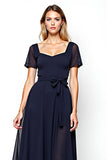 Navy A Line Chiffon Short Sleeve Formal Dress With Belt