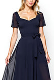 Navy A Line Chiffon Short Sleeve Formal Dress With Belt