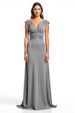 Silver Cap Sleeve V-Neck Long Mother of the Bride Dress