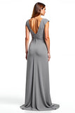 Silver Cap Sleeve V-Neck Long Mother of the Bride Dress