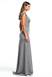 Silver Cap Sleeve V-Neck Long Mother of the Bride Dress