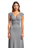 Silver Cap Sleeve V-Neck Long Mother of the Bride Dress