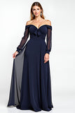 Navy A Line Off The Shoulder Long Sleeve Mother of the Bride Dress