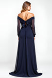 Navy A Line Off The Shoulder Long Sleeve Mother of the Bride Dress