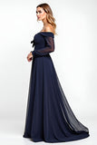 Navy A Line Off The Shoulder Long Sleeve Mother of the Bride Dress