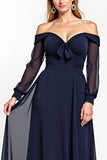 Navy A Line Off The Shoulder Long Sleeve Mother of the Bride Dress