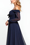 Navy A Line Off The Shoulder Long Sleeve Mother of the Bride Dress