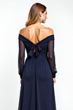 Navy A Line Off The Shoulder Long Sleeve Mother of the Bride Dress