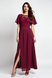 Burgundy Round Neck A Line Lace Wedding Guest Dress With Slit