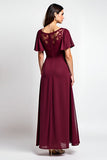 Burgundy Round Neck A Line Lace Wedding Guest Dress With Slit