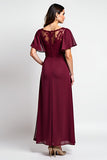 Burgundy Round Neck A Line Lace Wedding Guest Dress With Slit