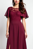 Burgundy Round Neck A Line Lace Wedding Guest Dress With Slit