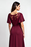 Burgundy Round Neck A Line Lace Wedding Guest Dress With Slit