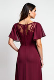 Burgundy Round Neck A Line Lace Wedding Guest Dress With Slit