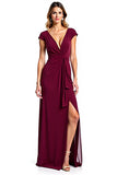 Burgundy V-Neck Cap Sleeve Long Formal Dress With Slit