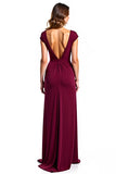 Burgundy V-Neck Cap Sleeve Long Formal Dress With Slit