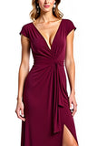 Burgundy V-Neck Cap Sleeve Long Formal Dress With Slit