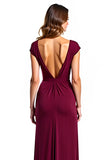 Burgundy V-Neck Cap Sleeve Long Formal Dress With Slit