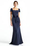 Navy A Line Square Neck Cap Sleeve Mother of the Bride Dress With Bows