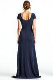 Navy A Line Square Neck Cap Sleeve Mother of the Bride Dress With Bows