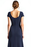 Navy A Line Square Neck Cap Sleeve Mother of the Bride Dress With Bows