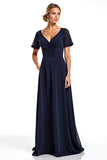 Navy V-Neck A Line Mother of the Bride Dress with Short Sleeves