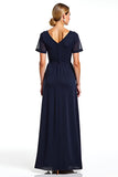 Navy V-Neck A Line Mother of the Bride Dress with Short Sleeves