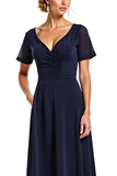 Navy V-Neck A Line Mother of the Bride Dress with Short Sleeves