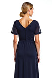 Navy V-Neck A Line Mother of the Bride Dress with Short Sleeves