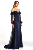 Off The Shoulder A Line Long Sleeve Navy Mother of the Bride Dress