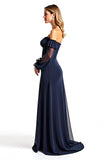 Off The Shoulder A Line Long Sleeve Navy Mother of the Bride Dress