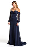 Off The Shoulder A Line Long Sleeve Navy Mother of the Bride Dress