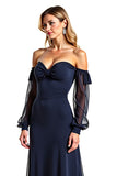 Off The Shoulder A Line Long Sleeve Navy Mother of the Bride Dress