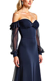 Off The Shoulder A Line Long Sleeve Navy Mother of the Bride Dress