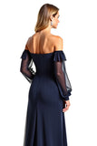 Off The Shoulder A Line Long Sleeve Navy Mother of the Bride Dress