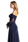 Off The Shoulder A Line Long Sleeve Navy Mother of the Bride Dress