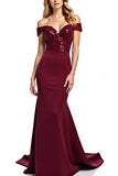 Burgundy Off The Shoulder Mermaid Long Formal Dress With Sequins