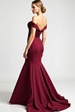 Burgundy Off The Shoulder Mermaid Long Formal Dress With Sequins