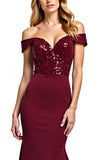 Burgundy Off The Shoulder Mermaid Long Formal Dress With Sequins