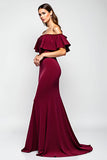 Off The Shoulder Sequin Ruffled Mermaid Long Burgundy Formal Dress