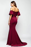 Off The Shoulder Sequin Ruffled Mermaid Long Burgundy Formal Dress