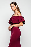 Off The Shoulder Sequin Ruffled Mermaid Long Burgundy Formal Dress