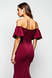 Off The Shoulder Sequin Ruffled Mermaid Long Burgundy Formal Dress