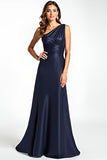 Navy One Shoulder Satin Long Formal Dress