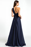 Navy One Shoulder Satin Long Formal Dress