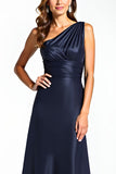 Navy One Shoulder Satin Long Formal Dress